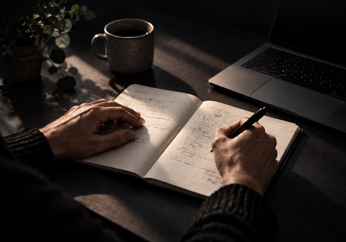 Hands writing in a notebook next to a laptop and a cup of coffee